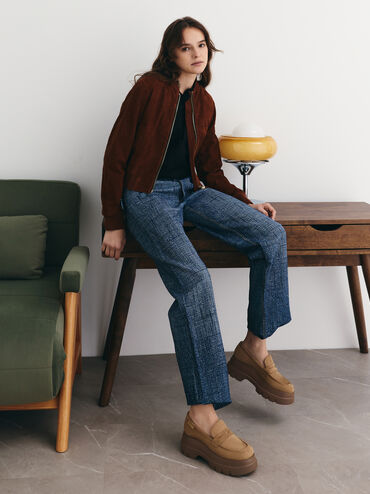 Leoi Faux Suede Platform Penny Loafers, Camel, hi-res