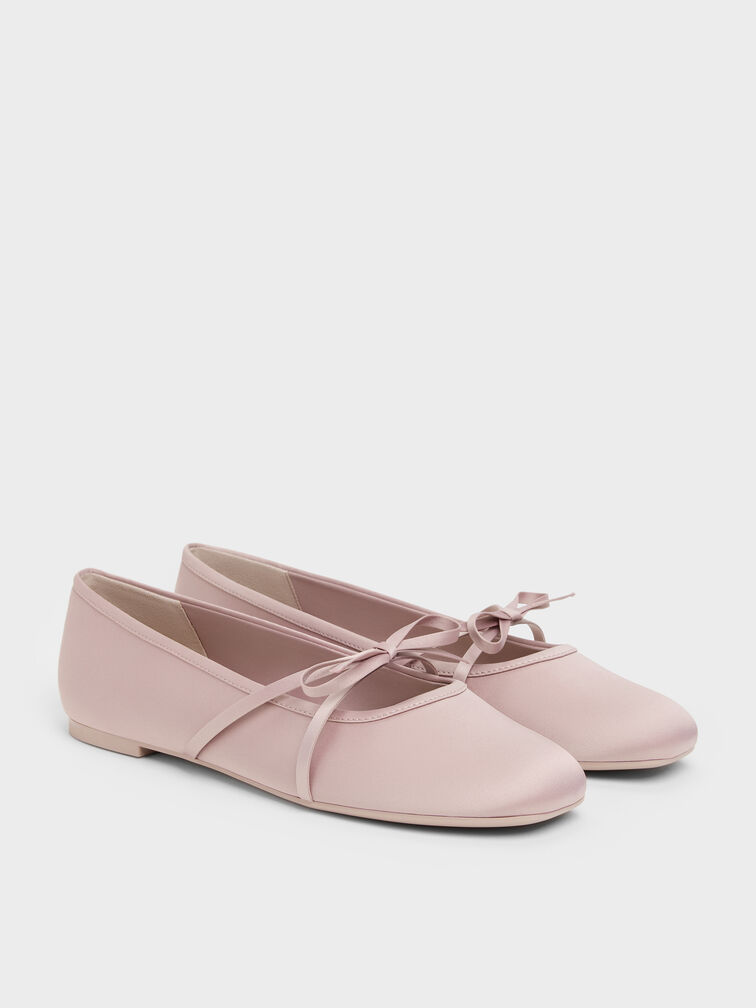 Sepatu Flats Balet Bow Satin, Pink, hi-res