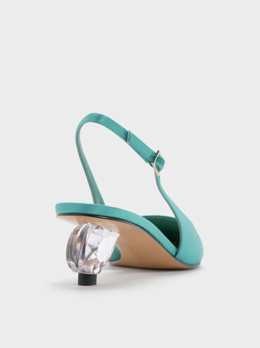 Pointed Crystal-Heel Slingback Pumps, Teal, hi-res
