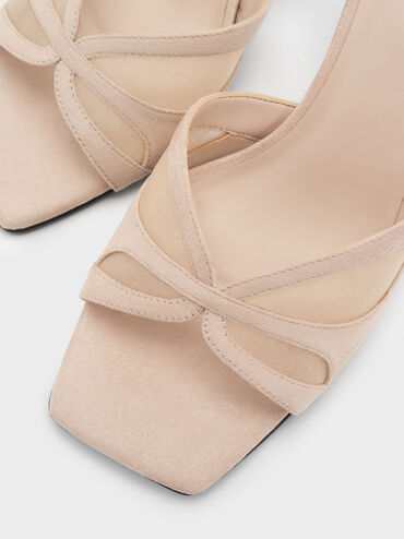 Sepatu Mules Heeled Mesh & Faux Suede, Beige, hi-res