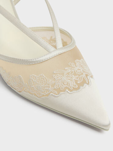 Sepatu Kitten Heels Slingback Embroidered-Satin, White, hi-res