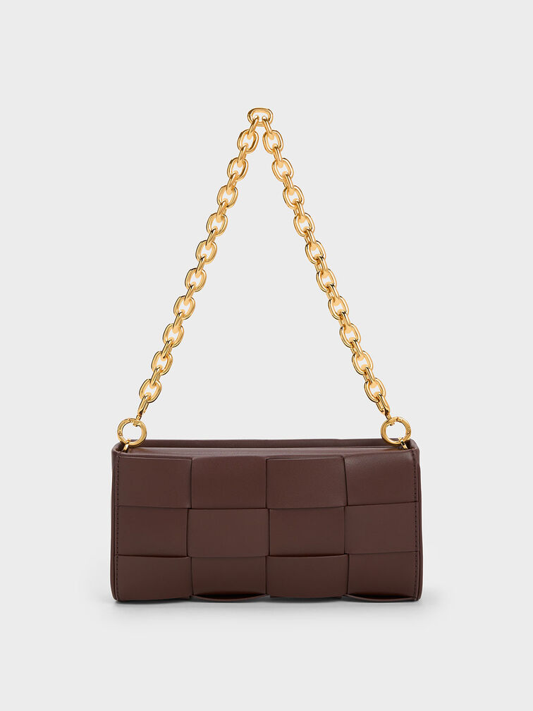 Woven Chain-Handle Bag, Dark Brown, hi-res