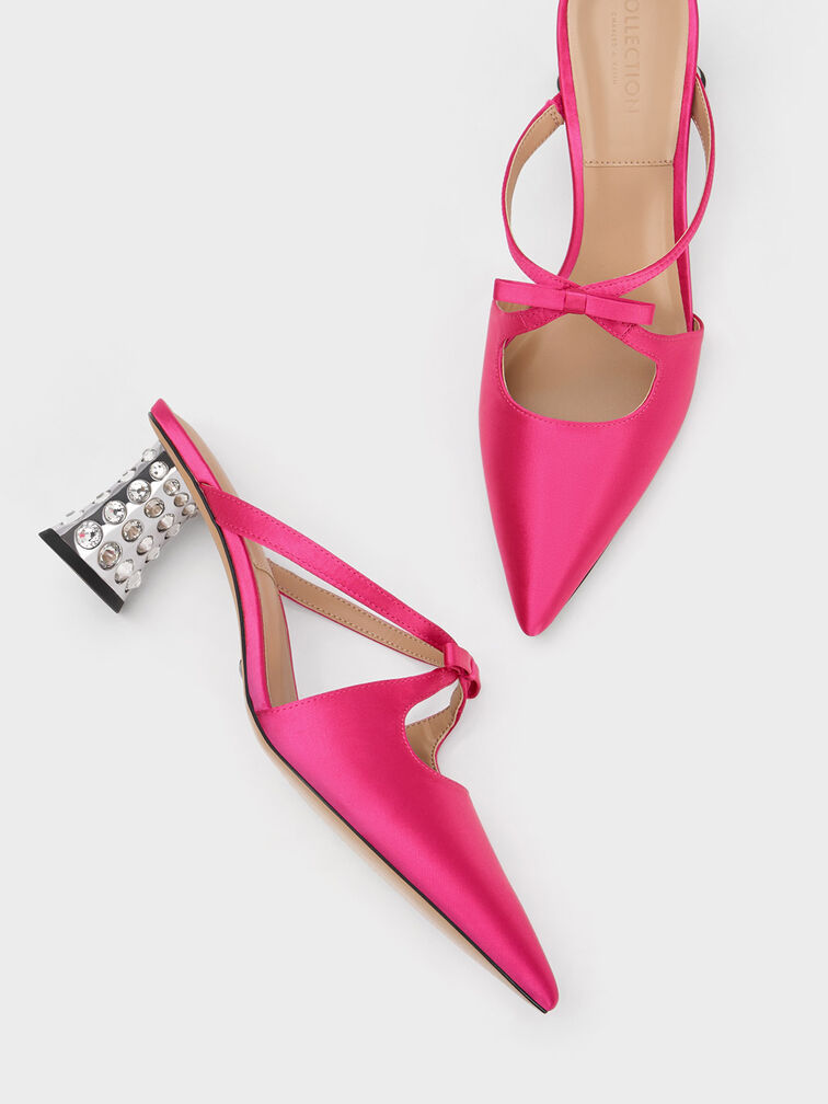 Sepatu Mules Crossover Gem-Embellished Bow, Pink, hi-res