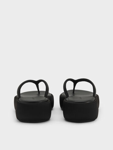 Sandal Flatform Thong Satin, Black Textured, hi-res