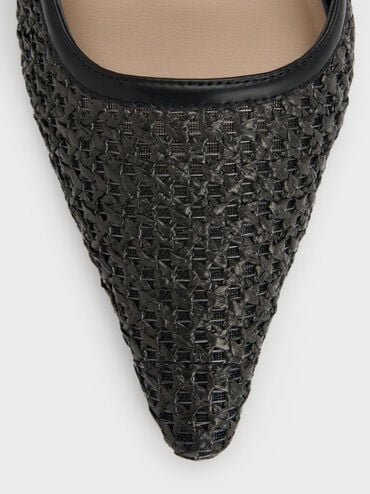 Sepatu Mules Pointed Sculptural-Heel Raffia, Black Textured, hi-res