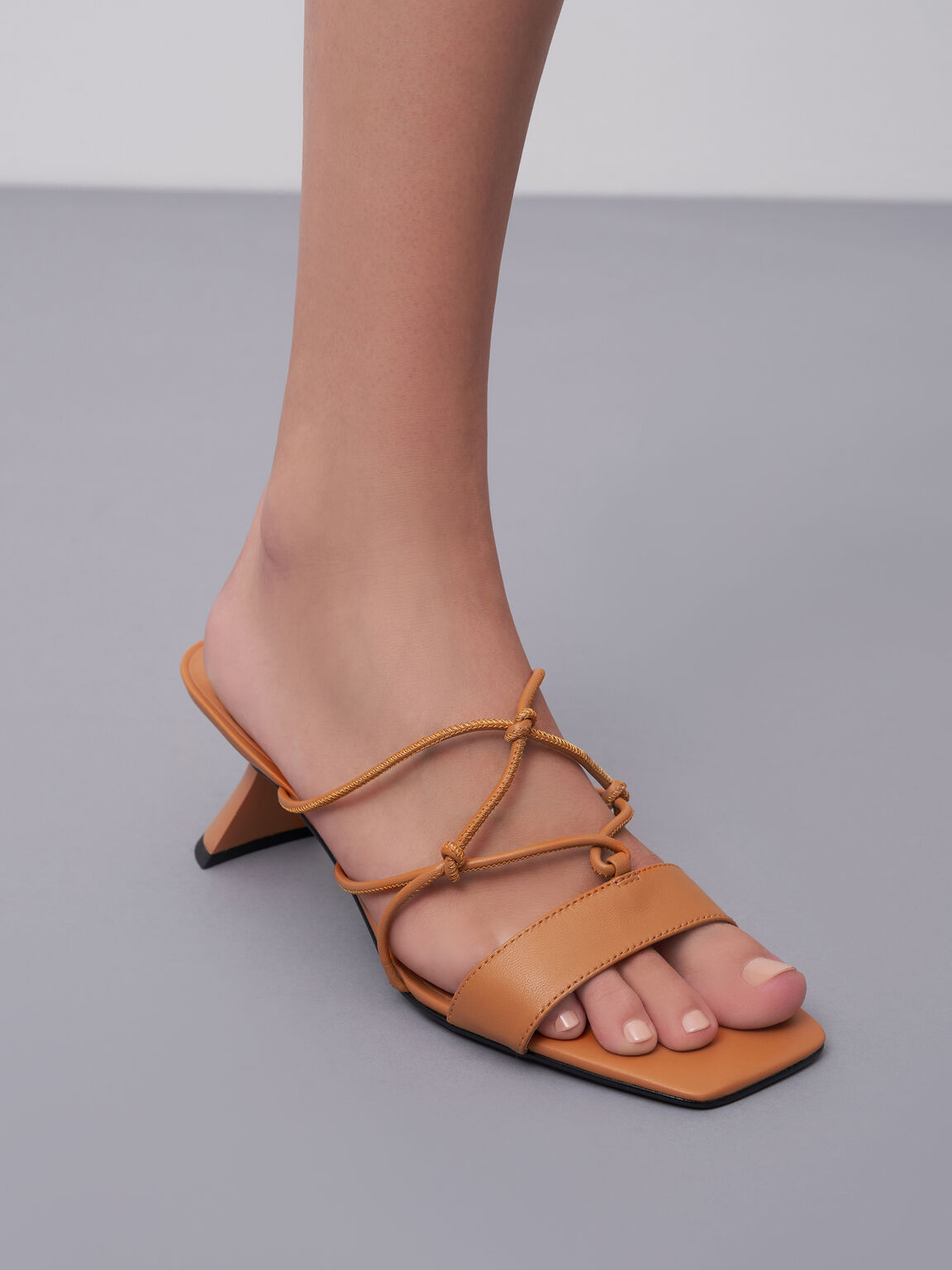 Sandal Sculptural Heel Strappy Leather, Orange, hi-res