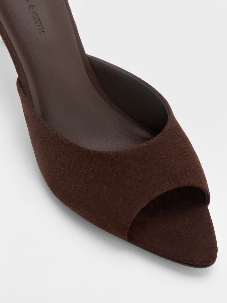 Faux Suede Pointed Peep-Toe Heeled Mules, Dark Brown, hi-res