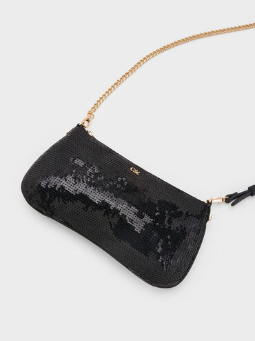 Tas Bahu Mesh & Leather Sequin, Black, hi-res