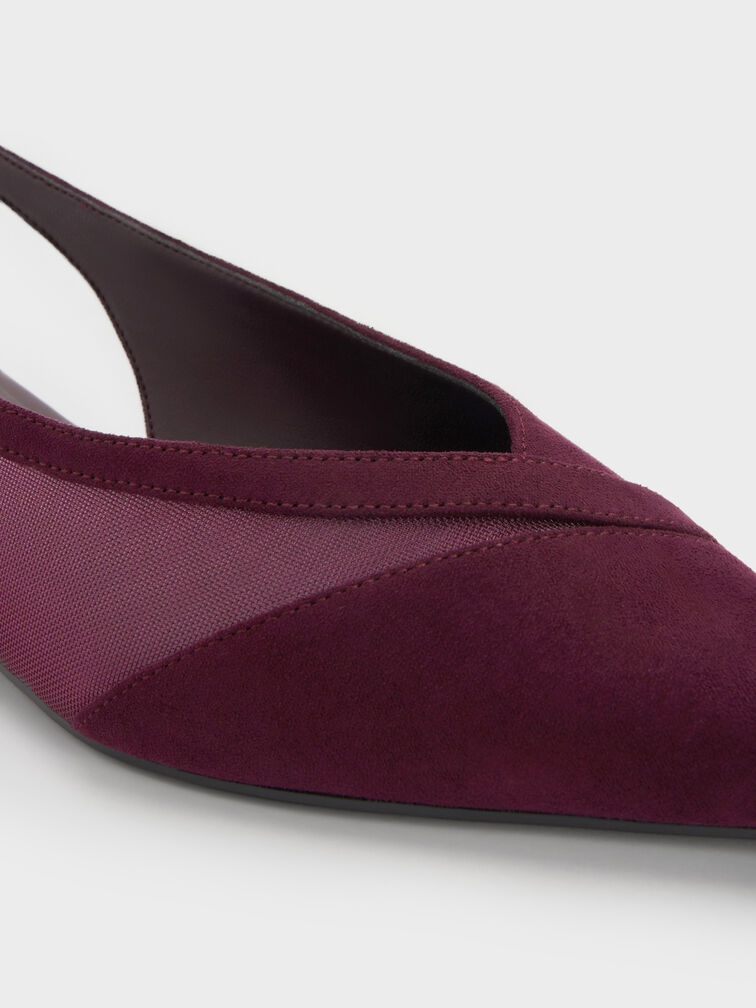 Sepatu Flats Slingback Suede & Mesh Faux, Burgundy, hi-res
