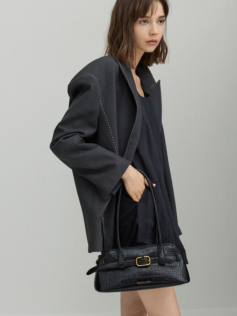 Tas Bahu Belted Croc-Effect Victoria, Black Croco, hi-res