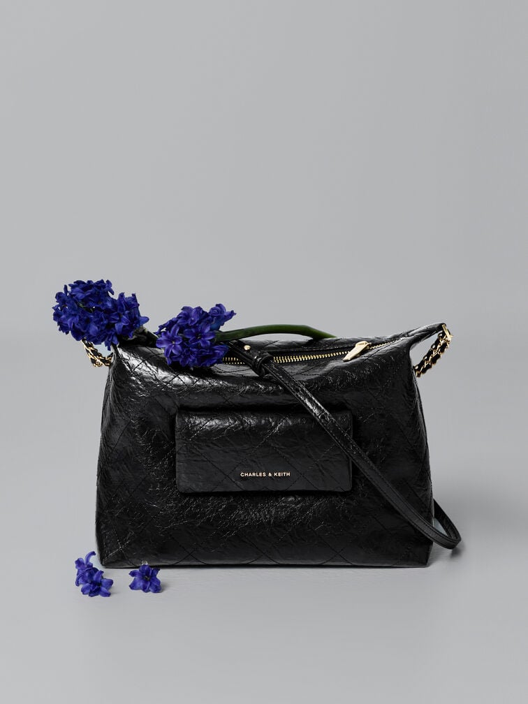 Duo Quilted Front-Pocket Hobo Bag, Black, hi-res