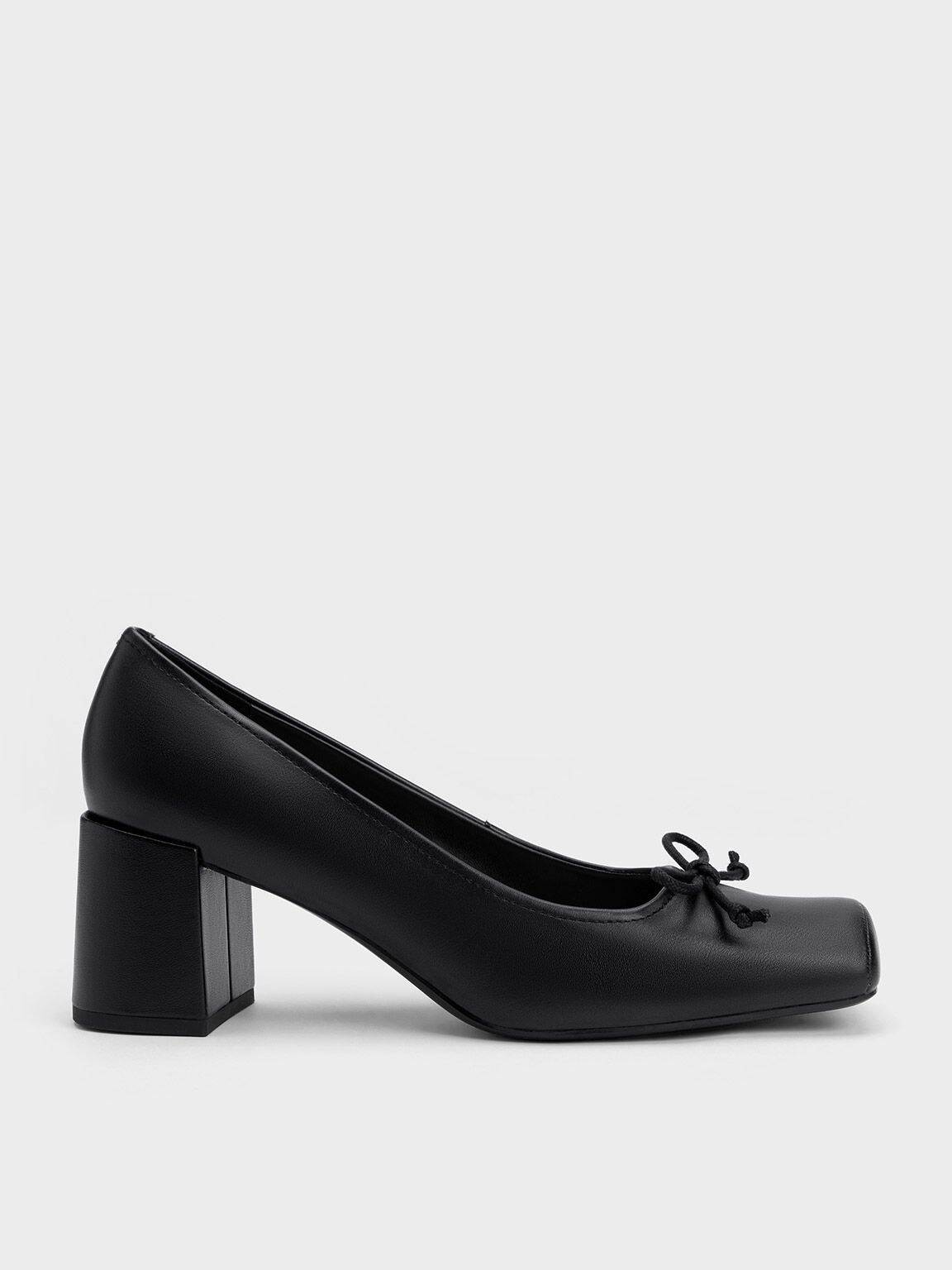 Sepatu Pumps Bow Square-Toe, Black, hi-res