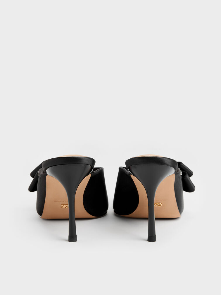 Pleated-Bow Pointed Heeled Mules, Black Textured, hi-res