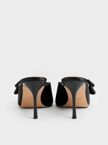 Pleated-Bow Pointed Heeled Mules, Black Textured, hi-res