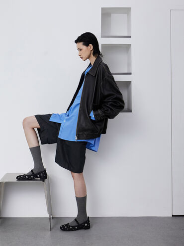 Tweed Flower-Embellished Mary Janes, Black Textured, hi-res