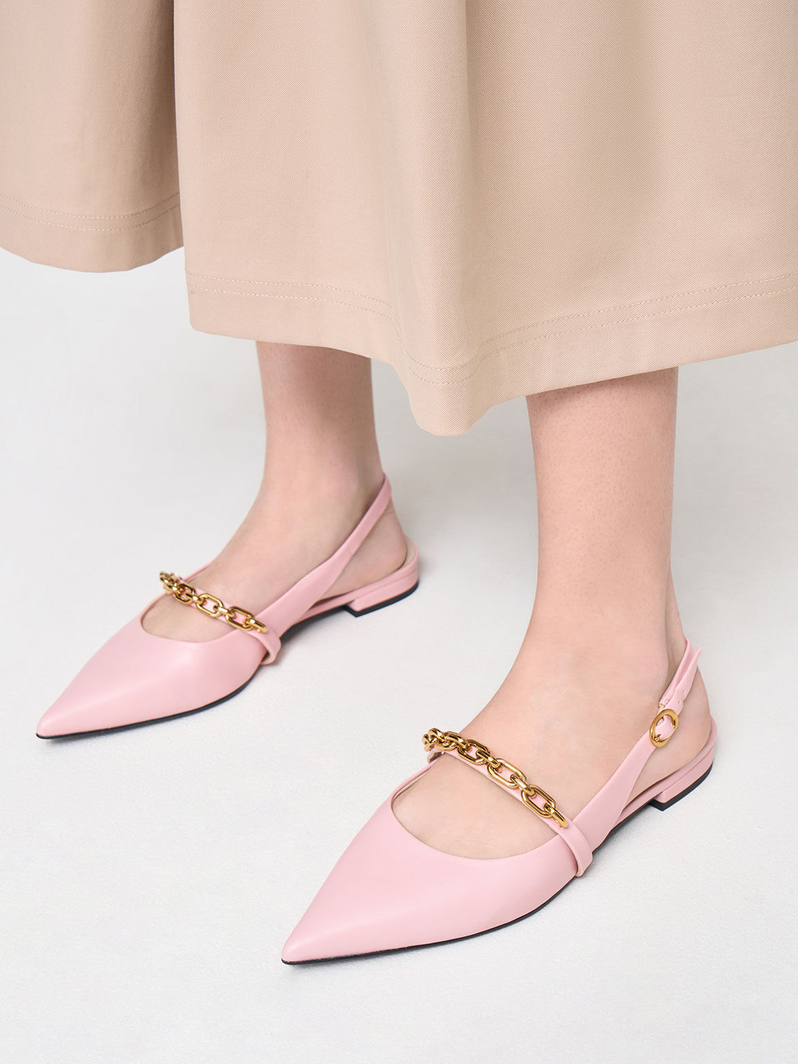 Sepatu Flats Chain-Link Strap Slingback, Light Pink, hi-res