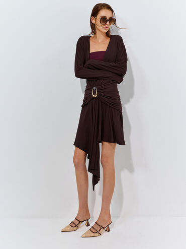 Sepatu Mules Pointed Sculptural-Heel Raffia, Dark Brown Textured, hi-res