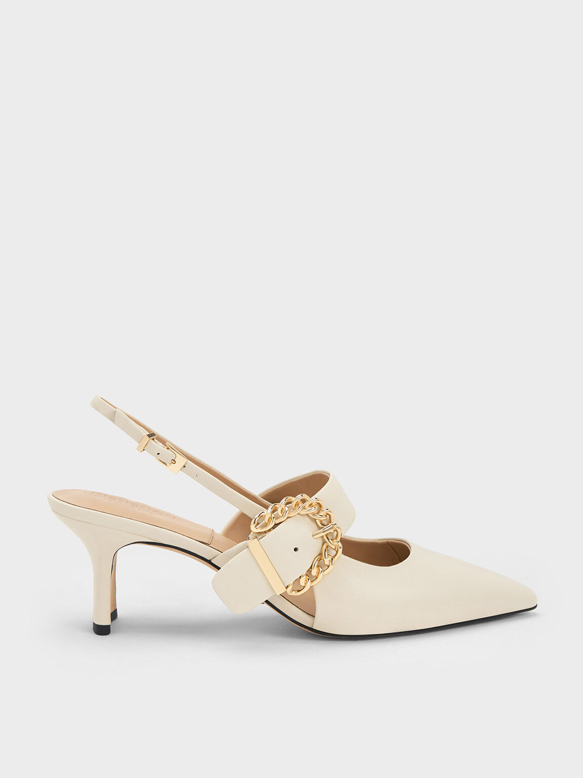 Chain-Buckled Leather Slingback Pumps, Chalk, hi-res