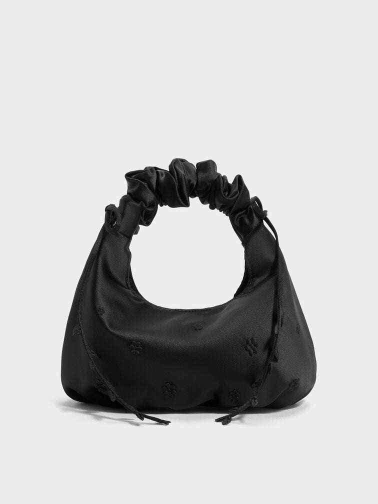Tas Hobo Floral-Vine Satin Mabel, Noir, hi-res