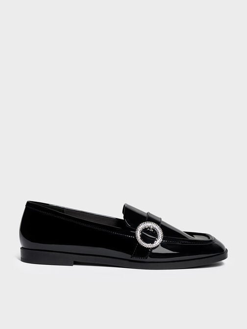 Sepatu Flats Mary Janes Patent Crystal-Embellished Buckle, Black Patent, hi-res