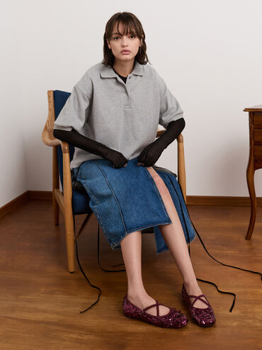 Sepatu Flats Sequinned Crossover Mary Jane, Burgundy, hi-res