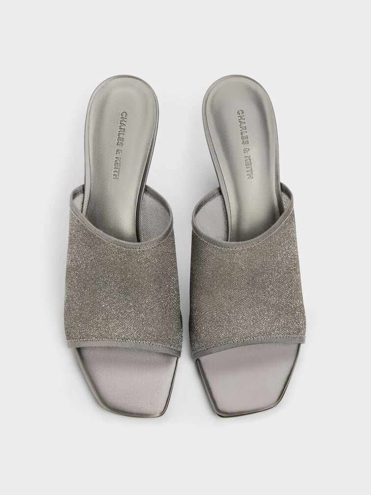 Sepatu Mules Heeled Glittered Mesh, Grey, hi-res