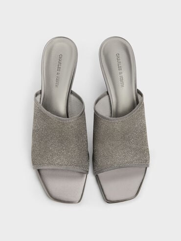 Sepatu Mules Heeled Glittered Mesh, Grey, hi-res