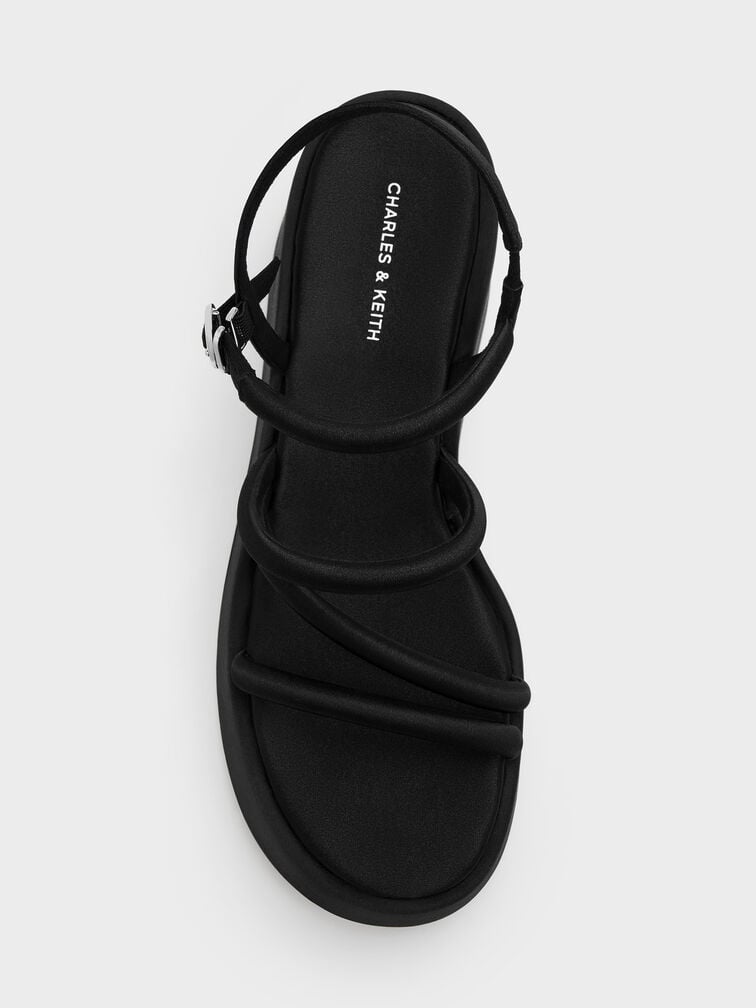Sepatu Wedges Platform Strappy Lindon Satin, Black Textured, hi-res