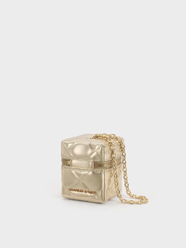 Tas Micro Chain-Handle Quilted Janie Metallic, Champagne, hi-res