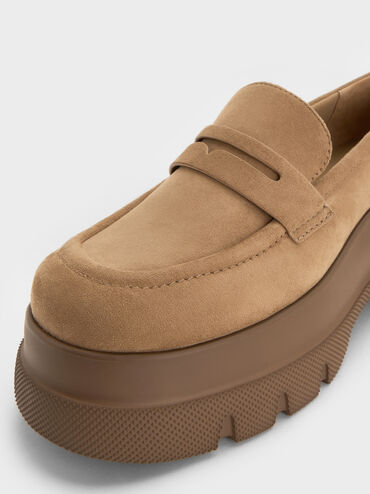 Leoi Faux Suede Platform Penny Loafers, Camel, hi-res