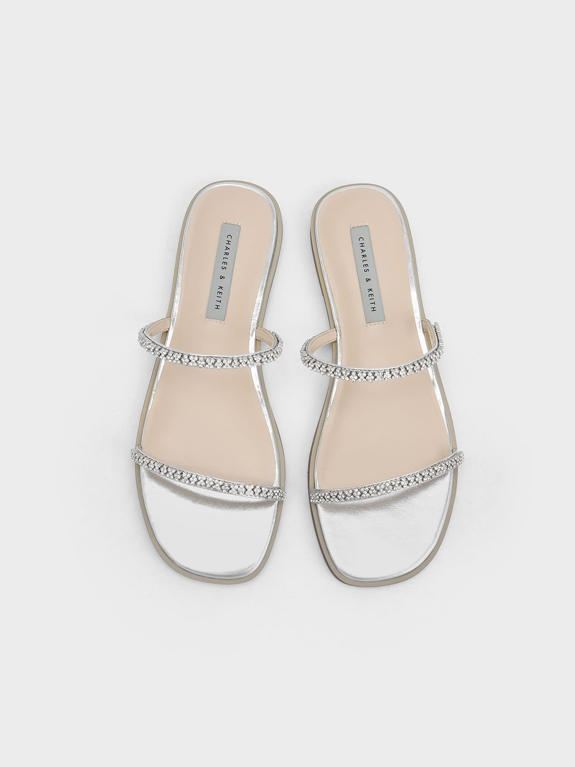 Sandal Strappy Slide Gem-Encrusted, Silver, hi-res