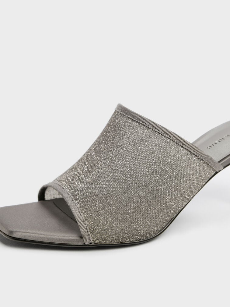 Sepatu Mules Heeled Glittered Mesh, Grey, hi-res
