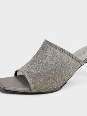 Sepatu Mules Heeled Glittered Mesh, Grey, hi-res