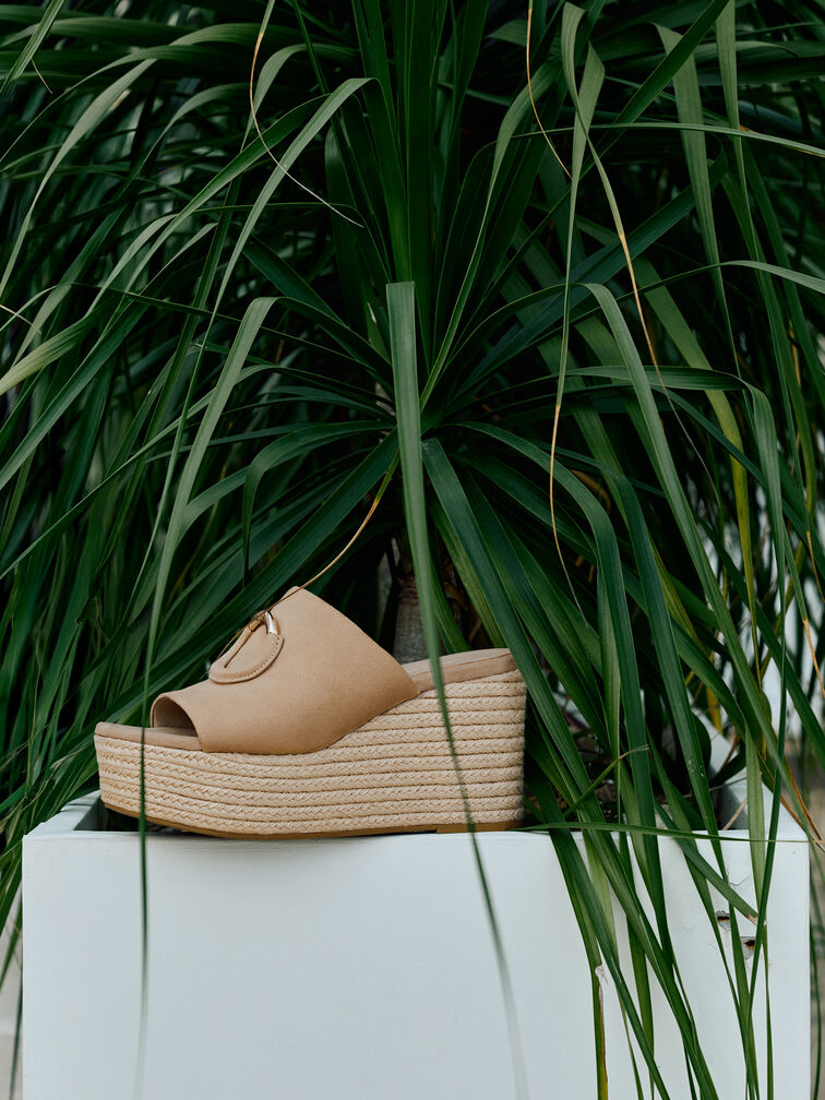 Sepatu Wedges Espadrille Metallic-Accent Faux Suede, Sand, hi-res