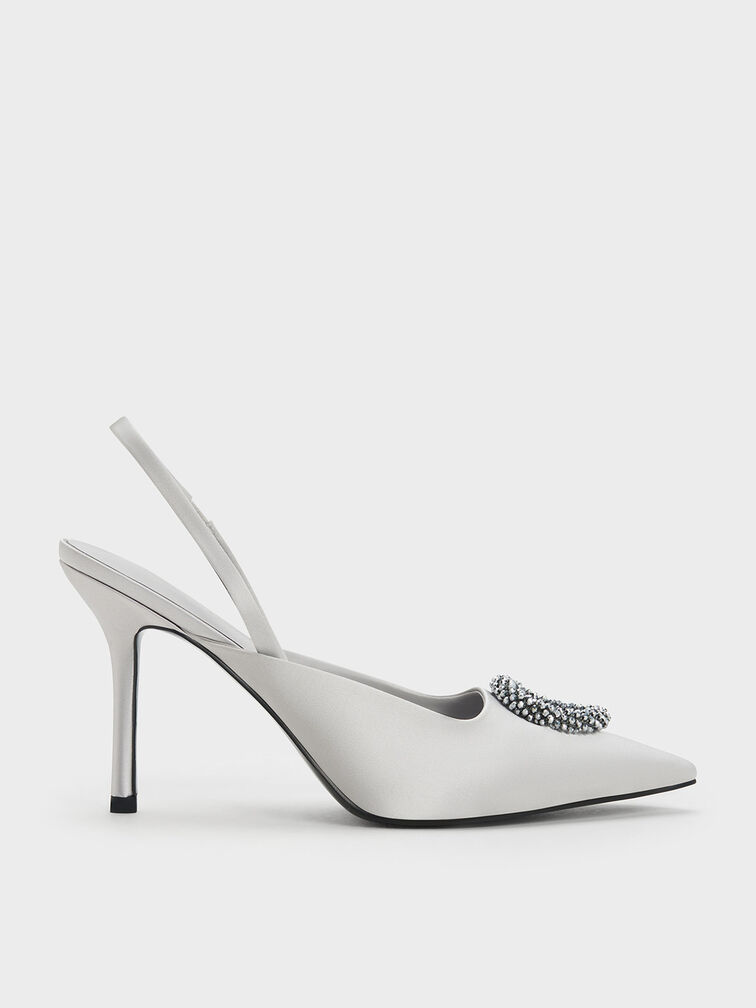 Sepatu Slingback Pumps Recycled Polyester Beaded Circle, Silver, hi-res
