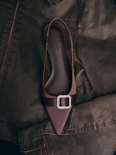 Satin Crystal-Buckle Pointed-Toe Slingback Flats, Dark Brown Textured, hi-res