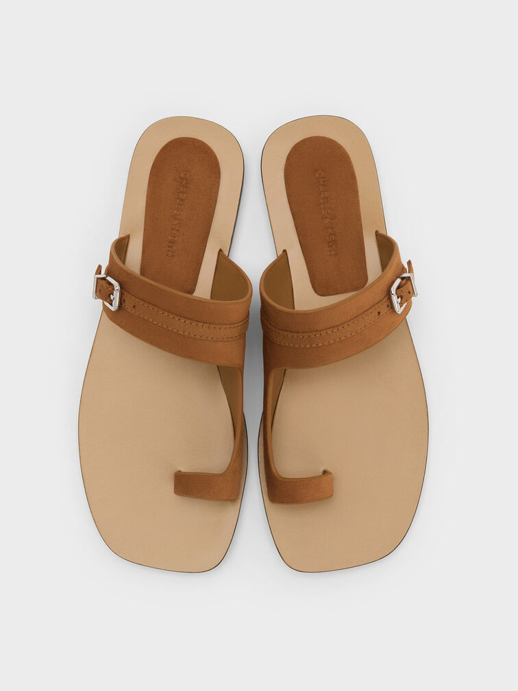 Faux Suede Buckled Toe-Ring Sandals, Cognac, hi-res