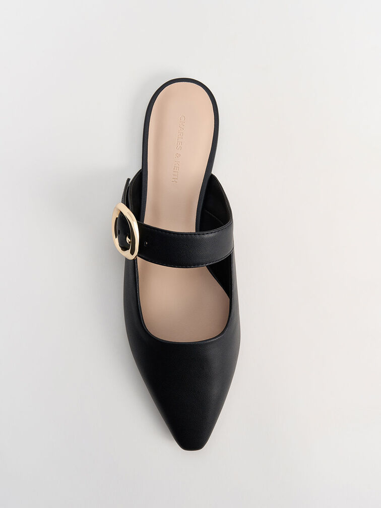 Sepatu Flat Mules Buckle-Strap, Black, hi-res