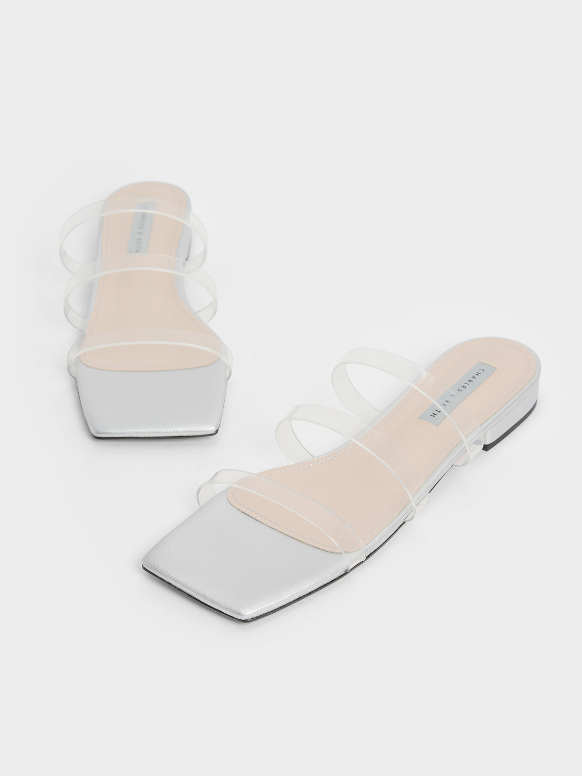 Clear Strap Slide Sandals, Silver, hi-res