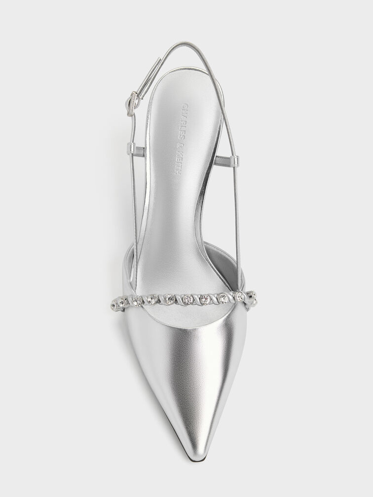 Sepatu Pumps Slingback Crystal Metalik, Silver, hi-res