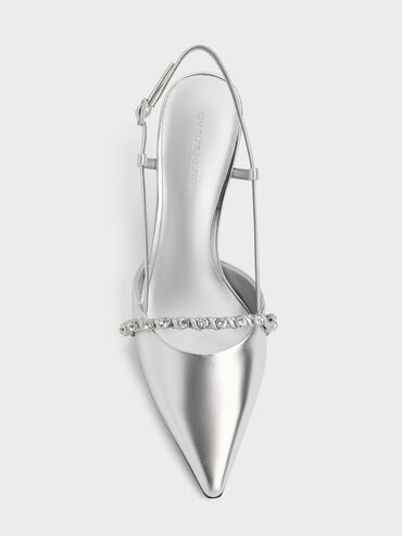 Sepatu Pumps Slingback Crystal Metalik, Silver, hi-res