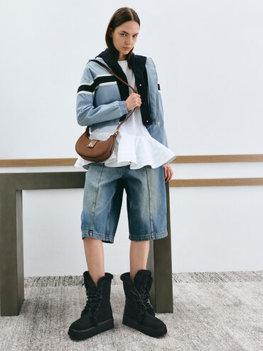 Tas Bahu Metallic-Accent Belted Trice Recycled Suede, Mocha Brown, hi-res