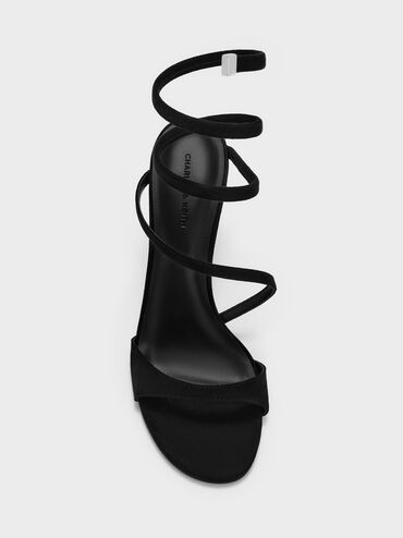 Sandal Heeled Wraparound Emila Faux Suede, Black Textured, hi-res
