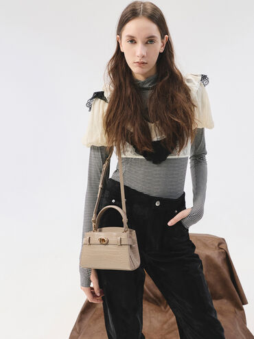 Tas Top Handle Belted Croc-Effect Aubrielle, Taupe, hi-res