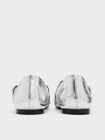 Metallic Triple-Strap Crossover Mary Jane Flats, Silver, hi-res