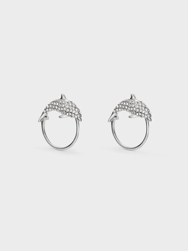 Anting Crystal-Hoop Dolphin Delfina, Silver, hi-res
