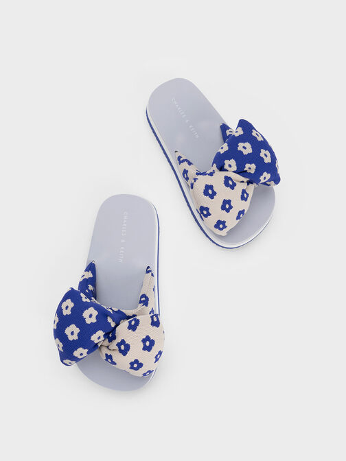 Floral Puffy Bow Slides, Blue, hi-res