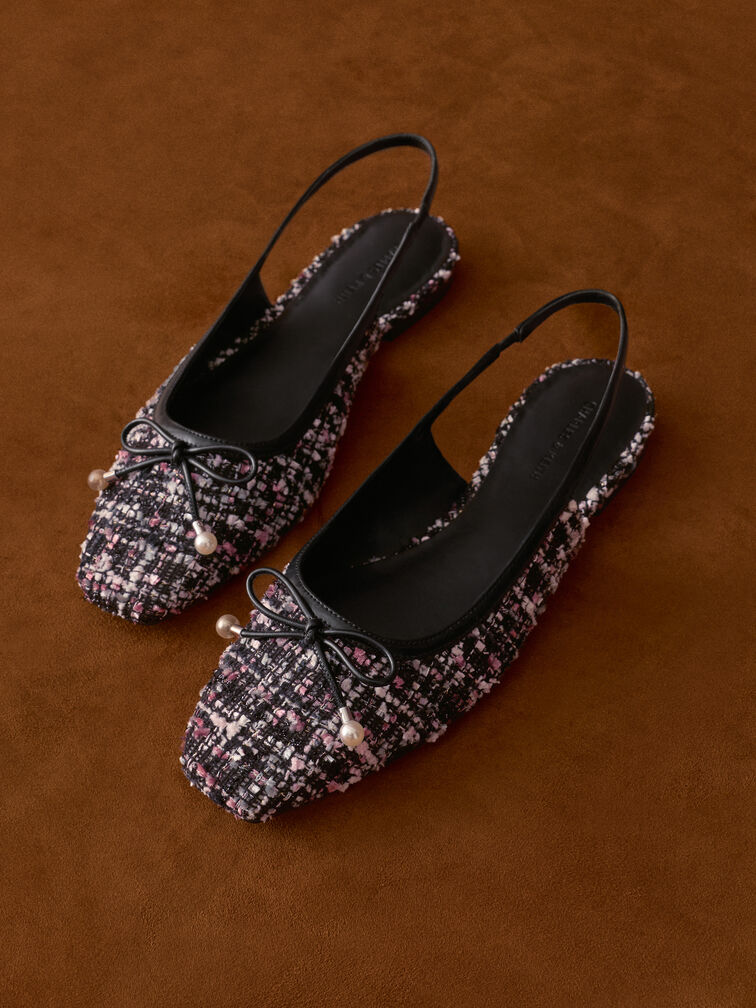 Sepatu Slingback Flats Pearl-Embellished Bow Barbara Tweed, Multi, hi-res