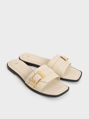 Sandal Slide Square-Toe Buckled Whitney Leather, Chalk, hi-res