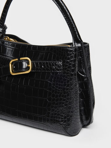 Tas Top Handle Victoria Belted Croc-Effect, Black Croco, hi-res